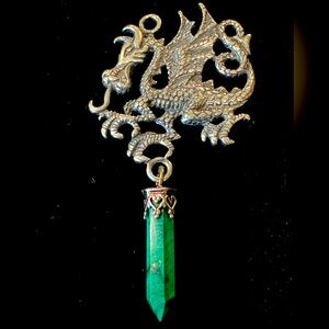Silver Fantasy Dragon Pendant with Green Malachite Drop